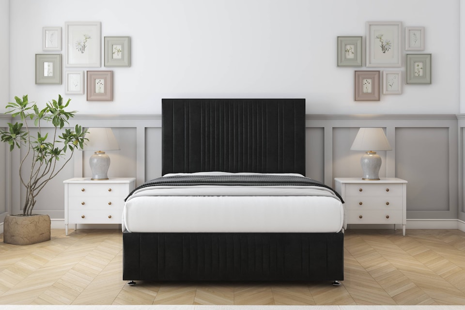 image 1 of Sloomy Kingsley Black Plush Divan Bed Base No Drawers With 26 Inch Strutted Headboard & 12 Inch Matching Footboard | Black | Black | King | 1