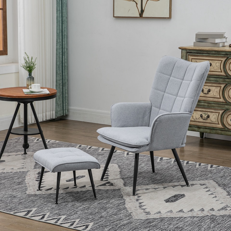 image 1 of HOMCOM Armchair with Footstool, Living Room Chair, Linen Accent Chair for Bedroom, Home Study, Light Grey