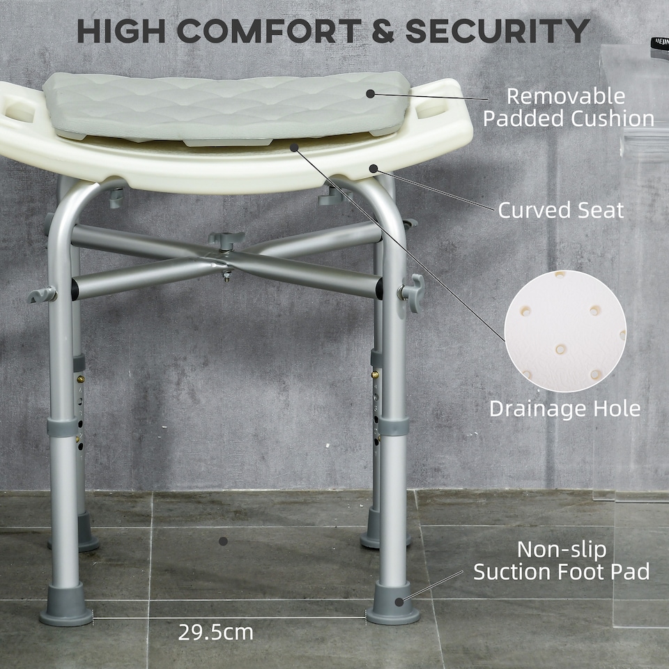 image 1 of HOMCOM Aluminium Shower Stool for Elderly, Height Adjustable Shower Seat with Removable Padded Cushion, Shower Head Holder, Non-Slip Bath Stool for Seniors, Disabled, Pregnant, White