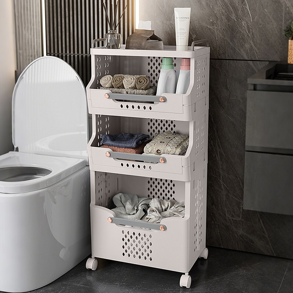 image 1 of Living and Home 4-Tier Foldable Rolling Laundry Sorter Basket Storage Rack | White | 4 Tier