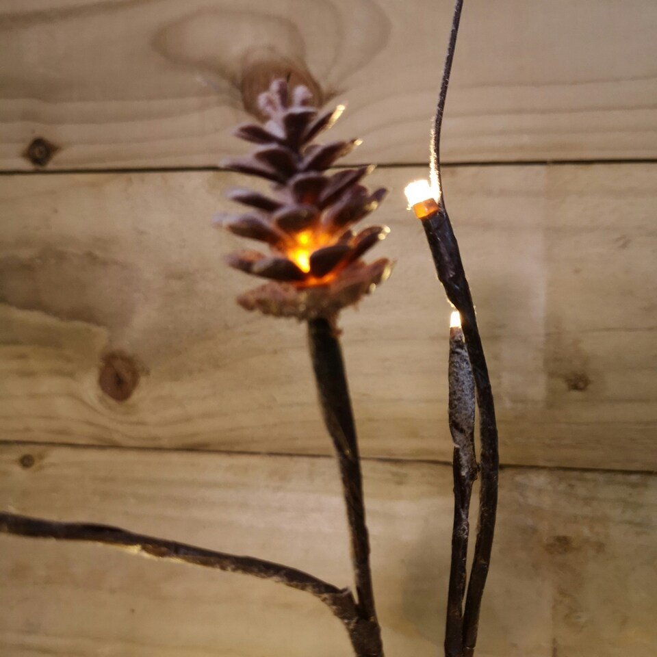image 1 of 3ft Snowy Brown Twig Outdoor Christmas Tree with Pine Cones & 64 Warm White LEDs
