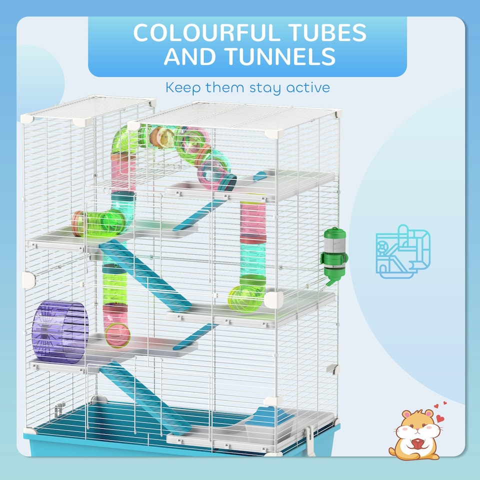 image 1 of PawHut 6 Tier Hamster Cage with Twin Tower and Accessories, Light Blue