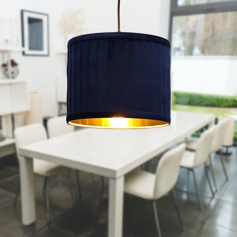 image 1 of Set of 2 Sundance - Navy Blue Velvet Pleated 25cm Lamp Shades with Gold Inner | Blue | Gold | Medium | 2