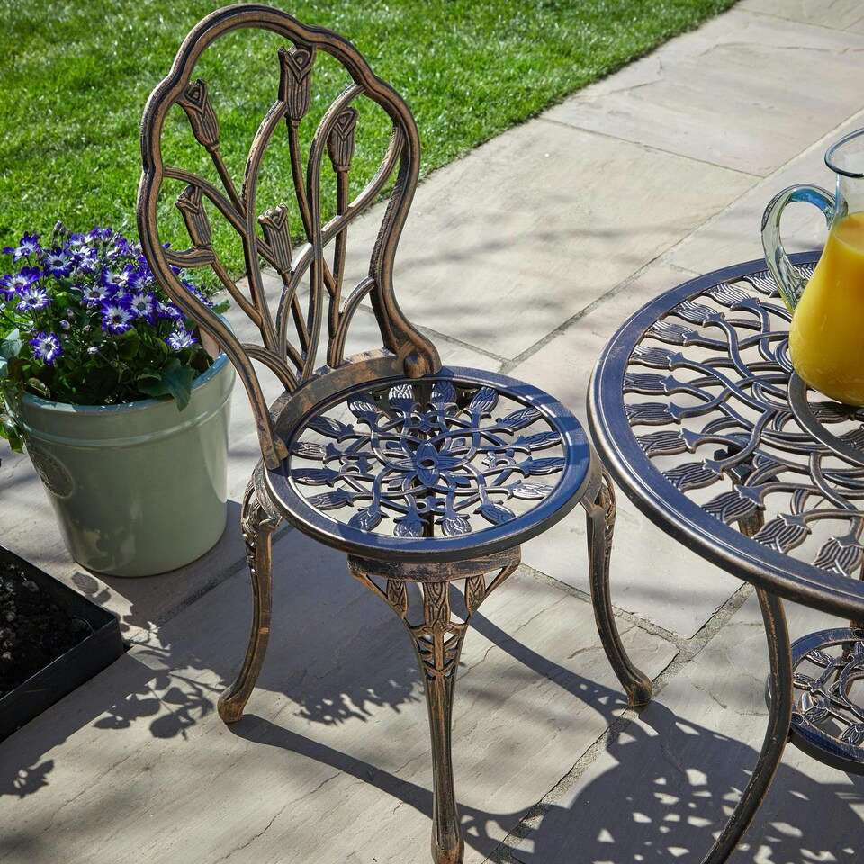 image 1 of Brown Bistro Set Outdoor Garden Patio Floral Table and 2 Chairs Aluminium Frame