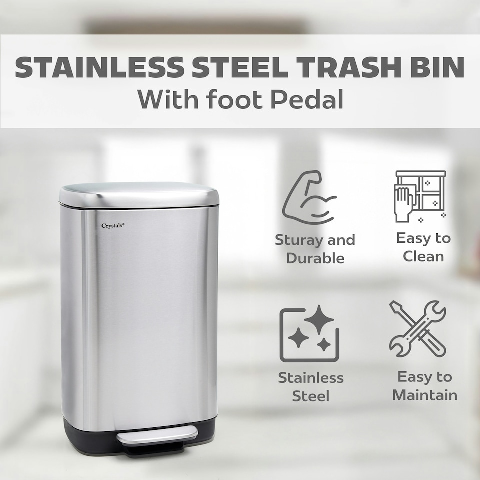 image 1 of Stainless Steel Rectangular Pedal Bin With Soft Close Lid Silver Waste Bin - 30L Silver