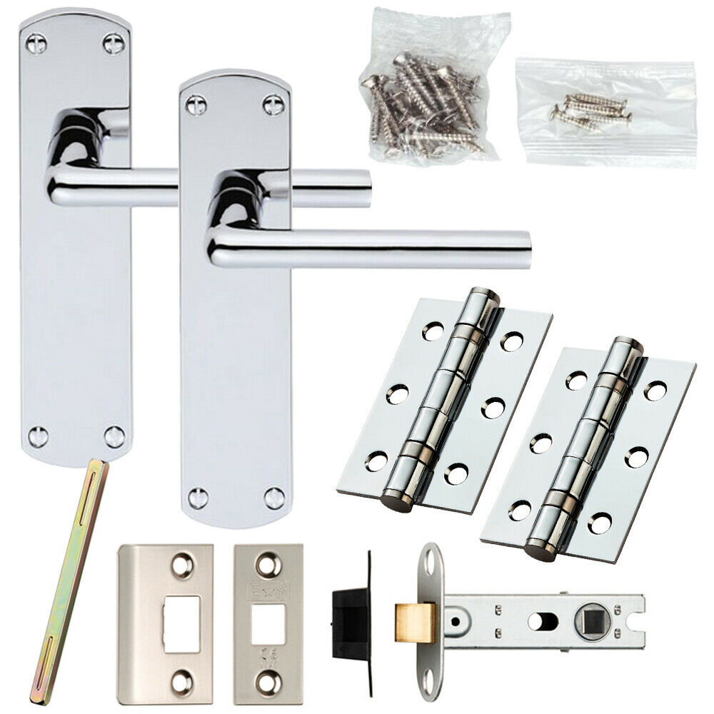 Loops Door Handle & Latch Pack Chrome Rounded Straight Bar on Backplate 170 x 42mm