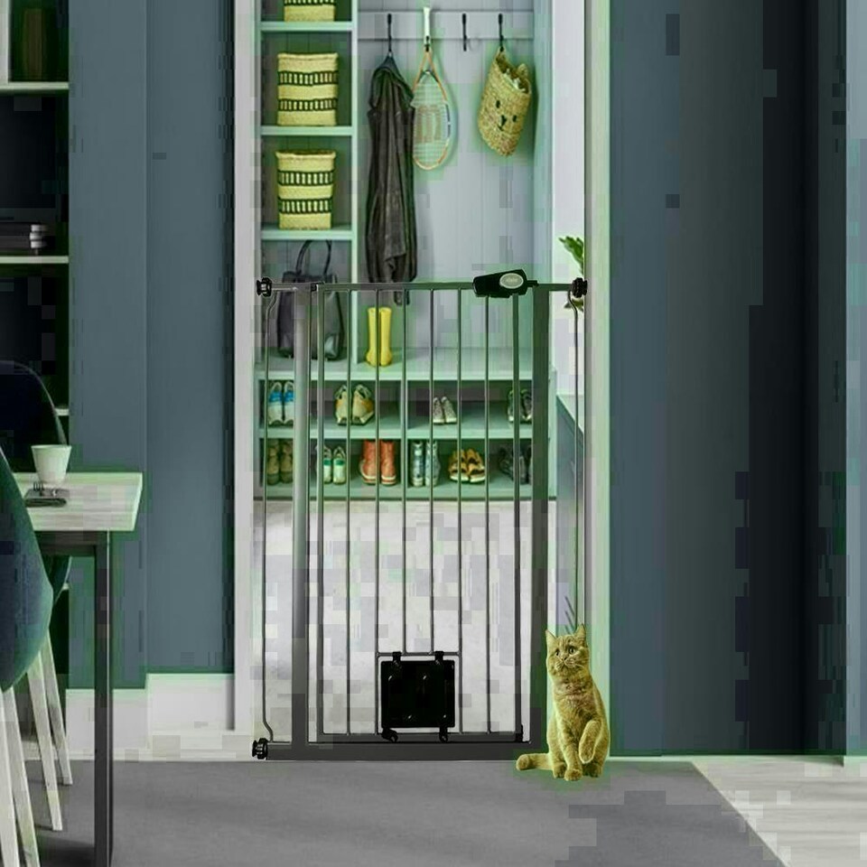image 1 of Bettacare Pet Gate with Lockable Cat Flap, 75cm - 84cm, Slate Grey, 104cm in Height