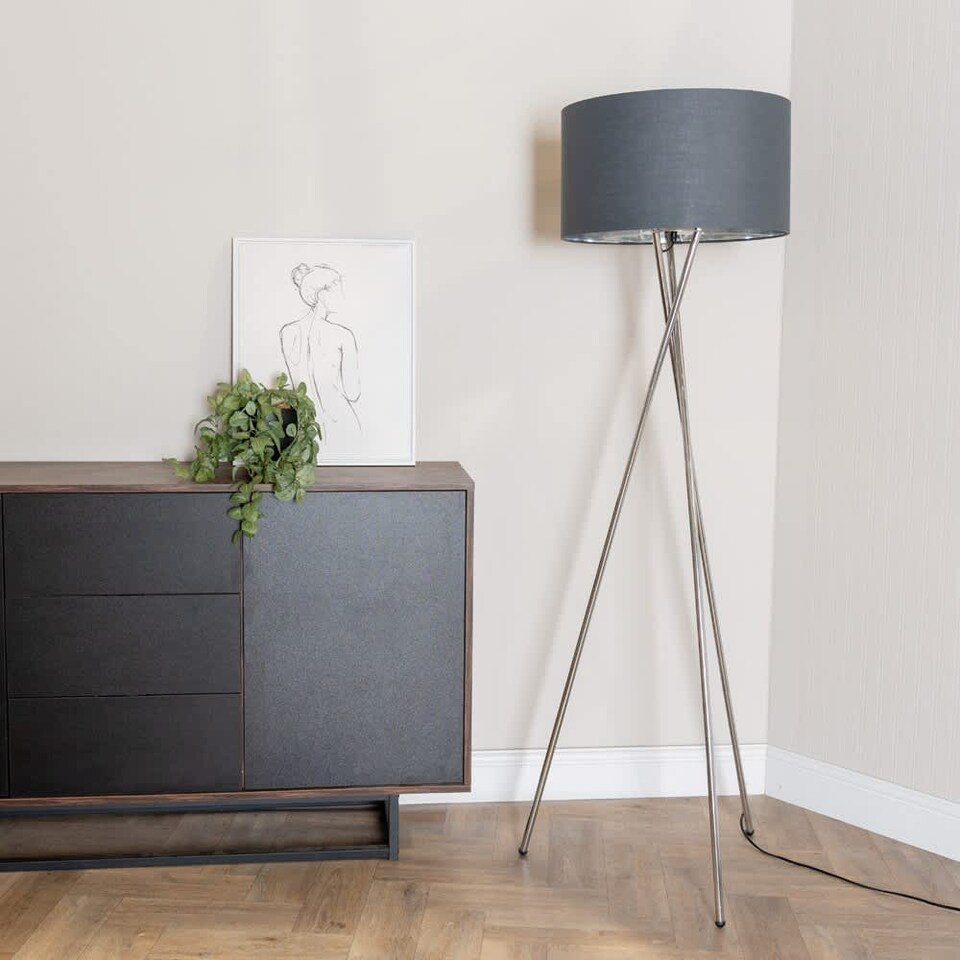 image 1 of ValueLights Camden Chrome Tripod Floor Lamp Charcoal & Silver Shade | Grey