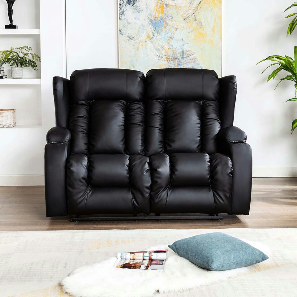 image 1 of Caesar 2 Seater Manual High Back Bonded Leather Recliner Sofa (Black)