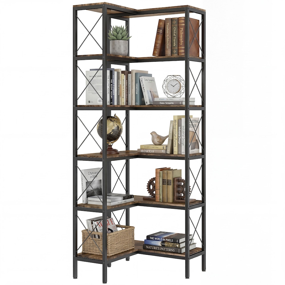 image 1 of HOMCOM L-Shaped Bookshelf, 5-Tier Bookcase with Metal Frame, Rustic Brown