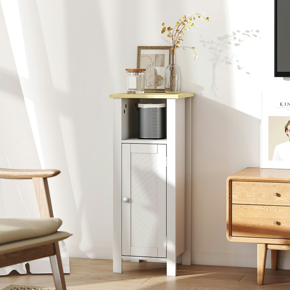 image 1 of kleankin Narrow Bathroom Storage Cabinet with Open Shelf, White White