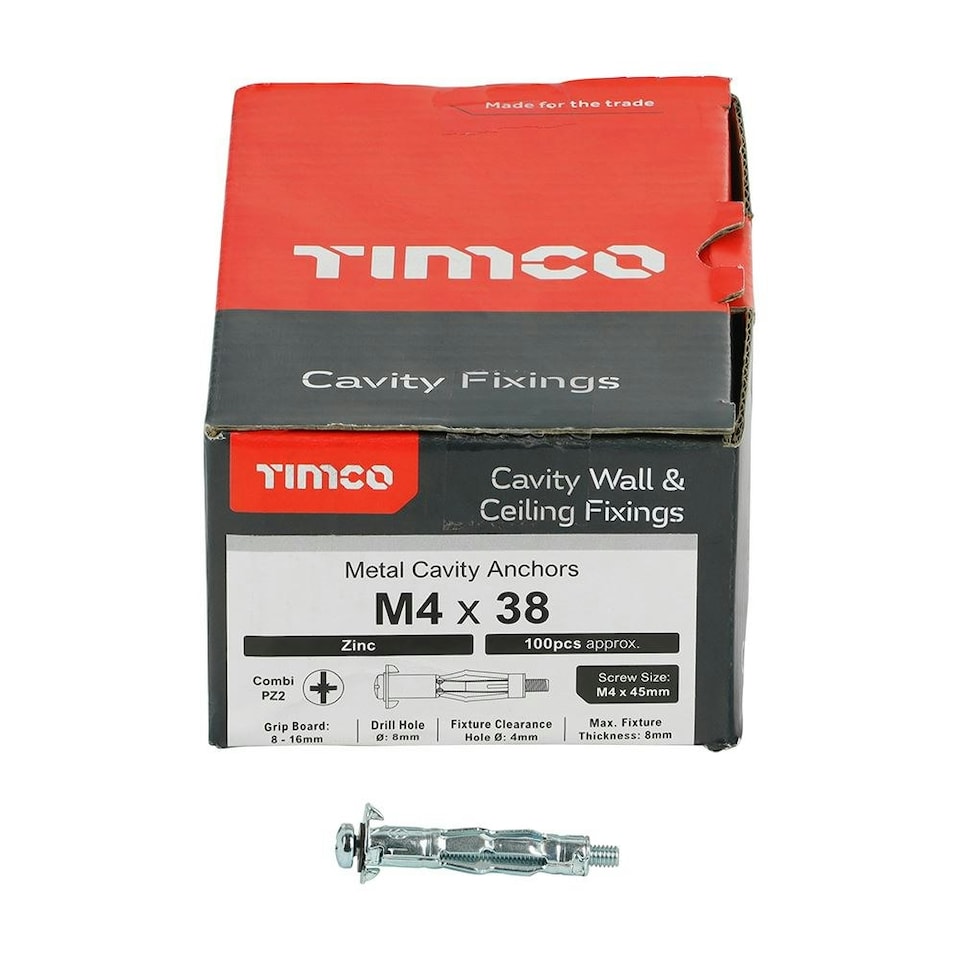 image 1 of Timco - Metal Cavity Anchors - Zinc (Size M4 x 38 (45mm Screw) - 100 Pieces)