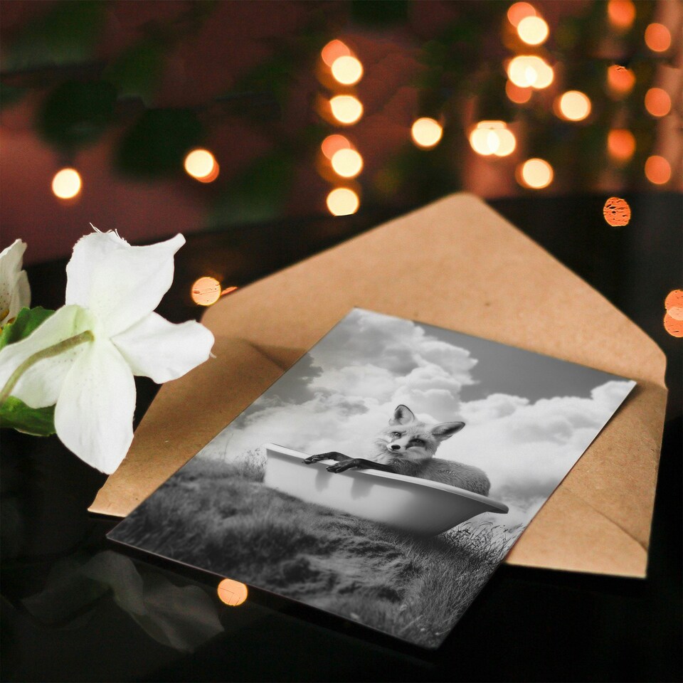 image 1 of Fox in Bathtub in a Field Black White Surreal Birthday Greeting Card
