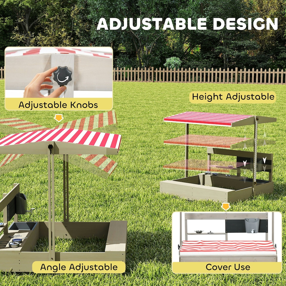 image 1 of Outsunny Kids Wooden Sandbox w/ Canopy, Kitchen Toys, Seat, Storage, for Outdoor