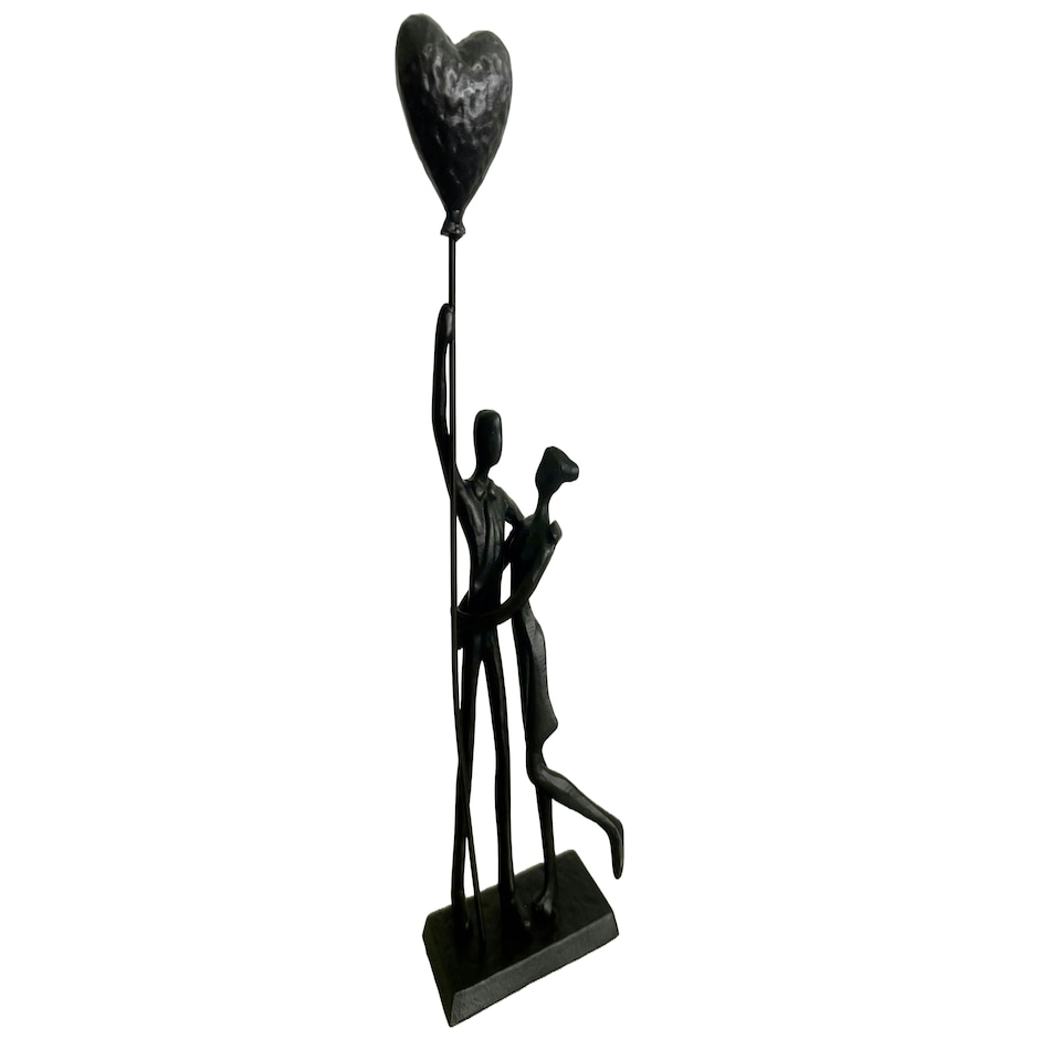 image 1 of Bound by Love Cast Iron Sculpture Couple Embracing Holding a Heart Baloon Shadow Art Metal Decor Lovers Valentine's Day Gift Anniversary Housewarming Present