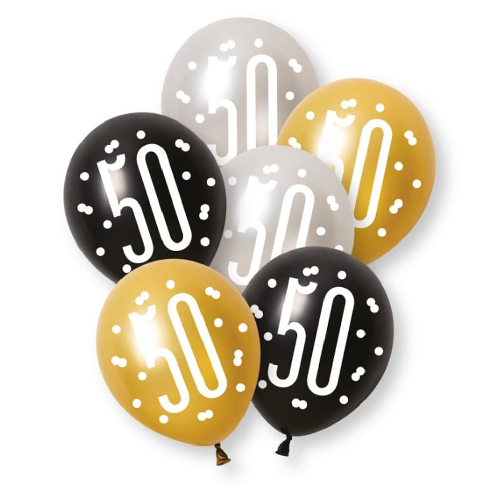 Black Glitz Pearlescent 50th Birthday Assorted Latex Balloons 30cm 12 in - Pack of 6