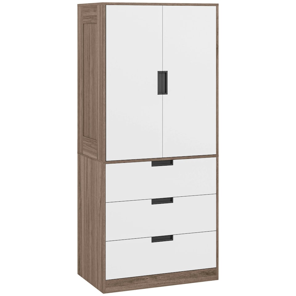 image 1 of HOMCOM 2 Door Wardrobe Brown Wardrobe with 3 Drawer and Hanging Rod Brown