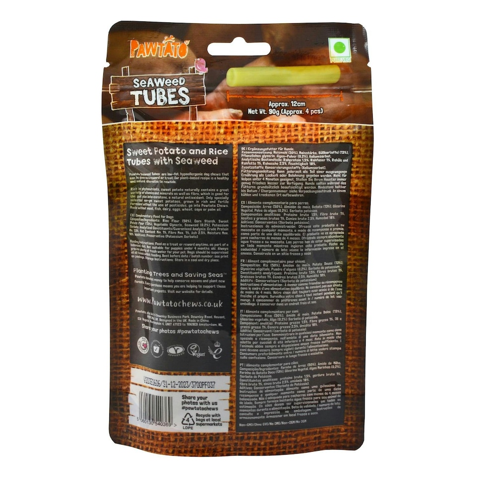 image 1 of Benevo Pawtato Tubes Seaweed Dog Chews 90g (Pack of 12)