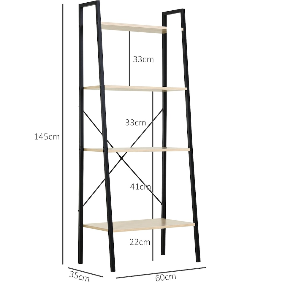 image 1 of HOMCOM 4-Tier Minimalistic Ladder Shelf Unit Steel Frame Display Storage Oak