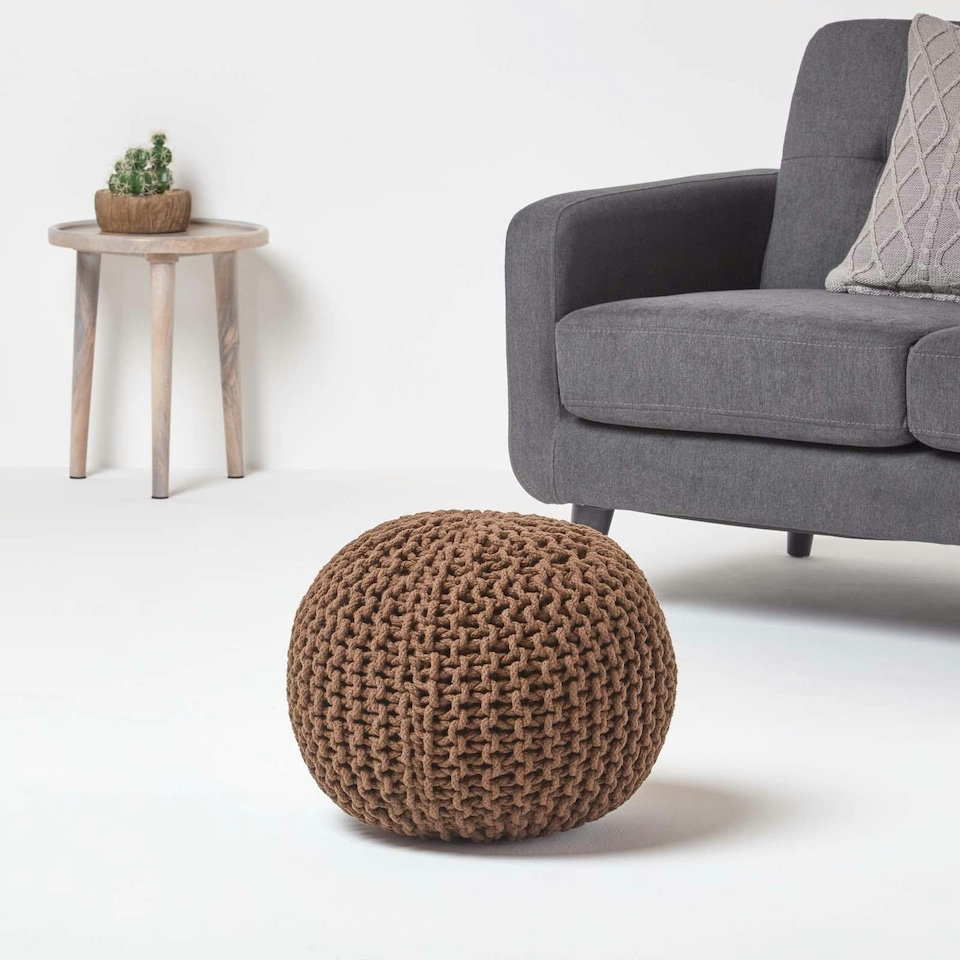 image 1 of Homescapes Chocolate Brown Round Cotton Knitted Pouffe Footstool - 35 x 40 cm | Brown | H 35cm x W 40cm
