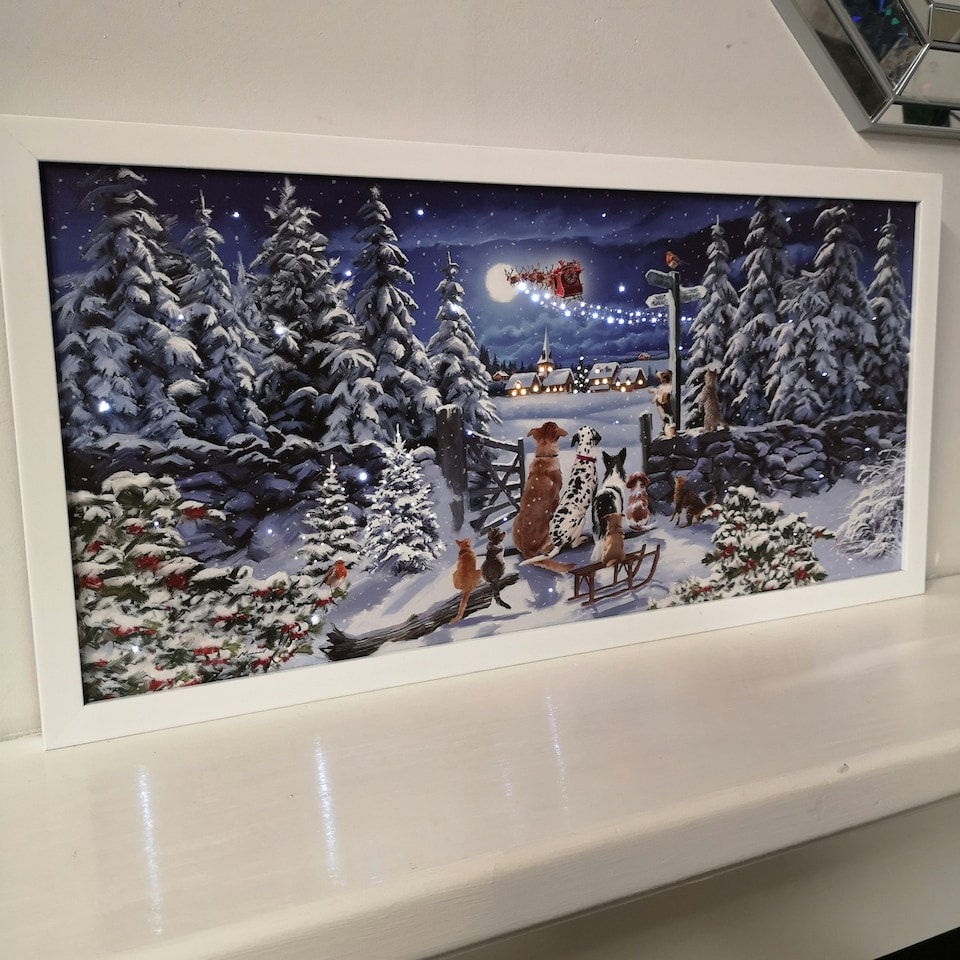 image 1 of 30cm x 60cm Battery Operated Fibre Optic Winter Dogs Watching Santa Sleigh Scene Touch Activated Christmas Canvas