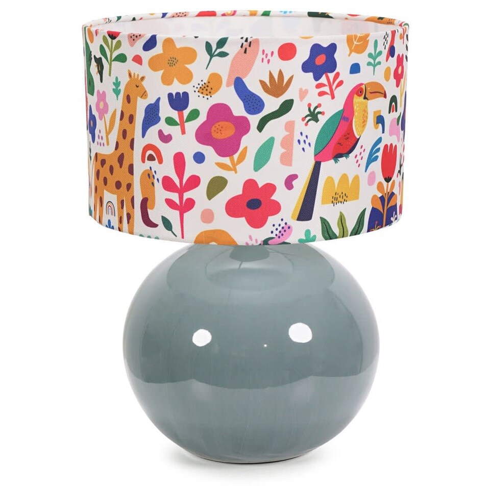image 1 of ValueLights Bosco Eucalyptus Ceramic Table Lamp with Jungle Print Drum Shade