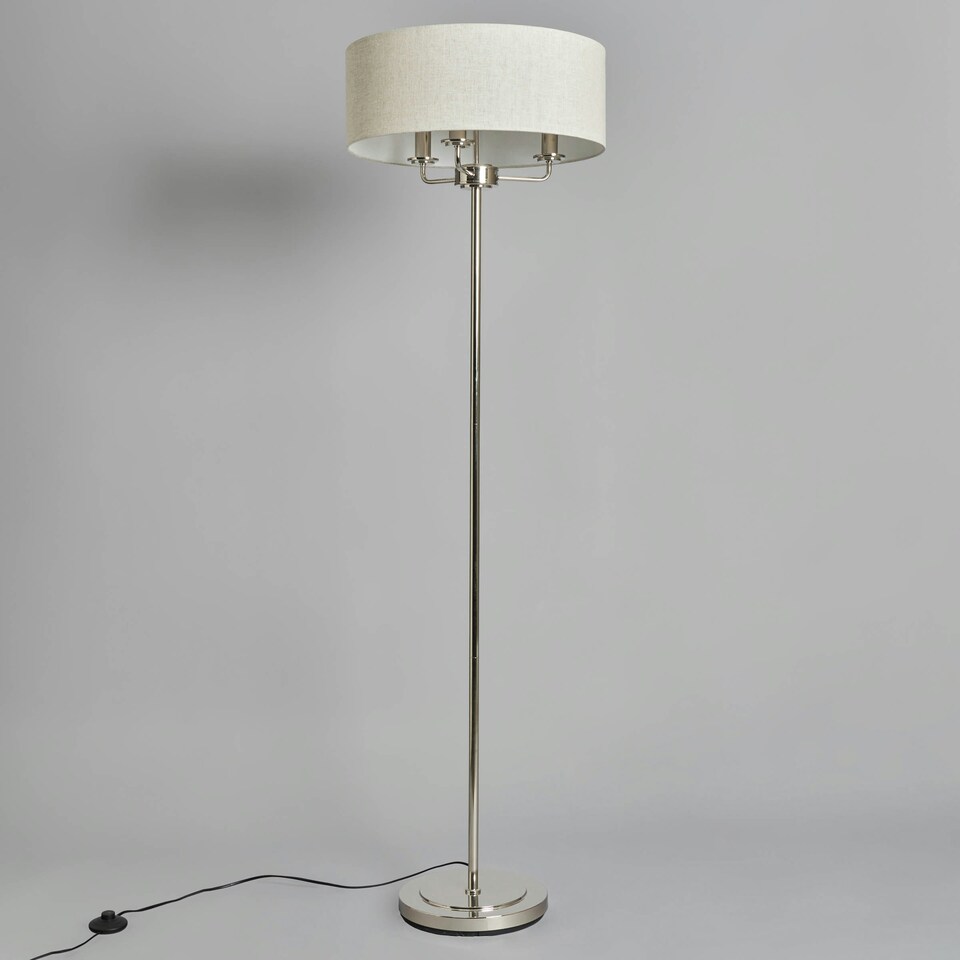 image 1 of BHS Henry 3 Light Floor Lamp with Grey Shade, Nickel