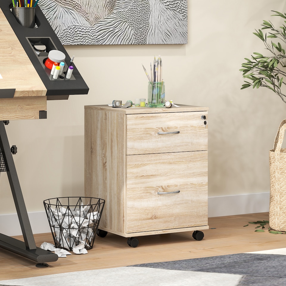 image 1 of HOMCOM 2 Drawer Lockable Filing Cabinet with Wheels, Mobile Filing Cabinet for Home Office, Small Printer Stand, Oak Wood Grain
