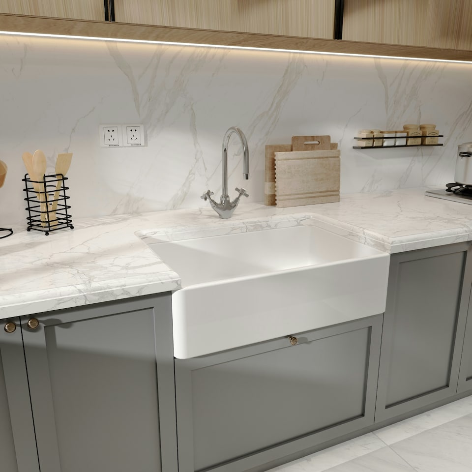 image 1 of 795mm - Fireclay Single Bowl Butler Kitchen Sink - No Overflow & No Tap Hole