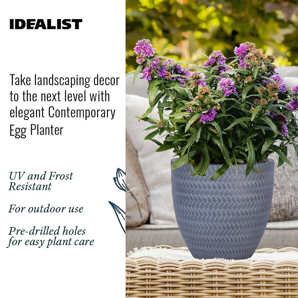 image 1 of Plaited Style Grey Round Garden Planter, Outdoor Plant Pot D24 H23 cm, 10.4 ltrs Cap.
