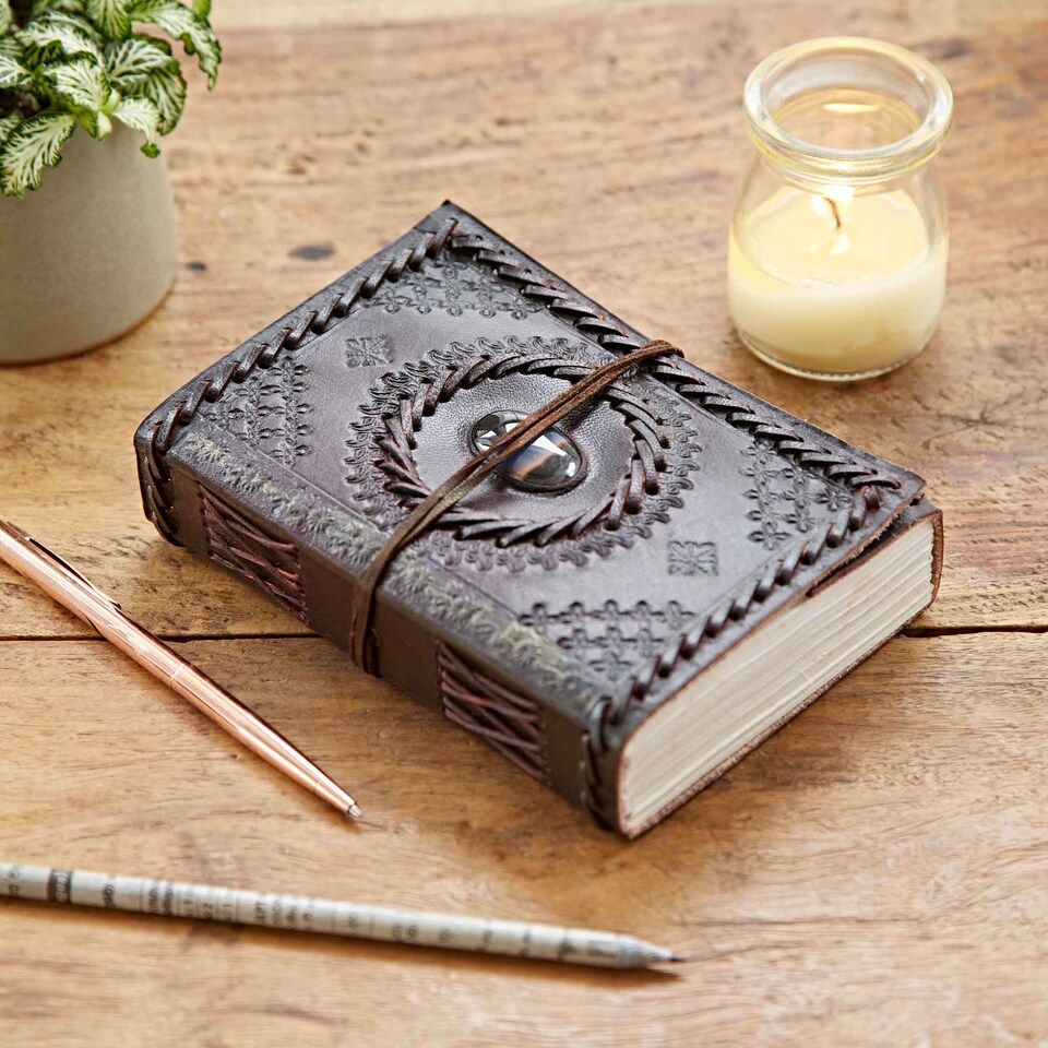 image 1 of Indra Medium Embossed and Stitched Leather Journal with Semi-Precious Stone