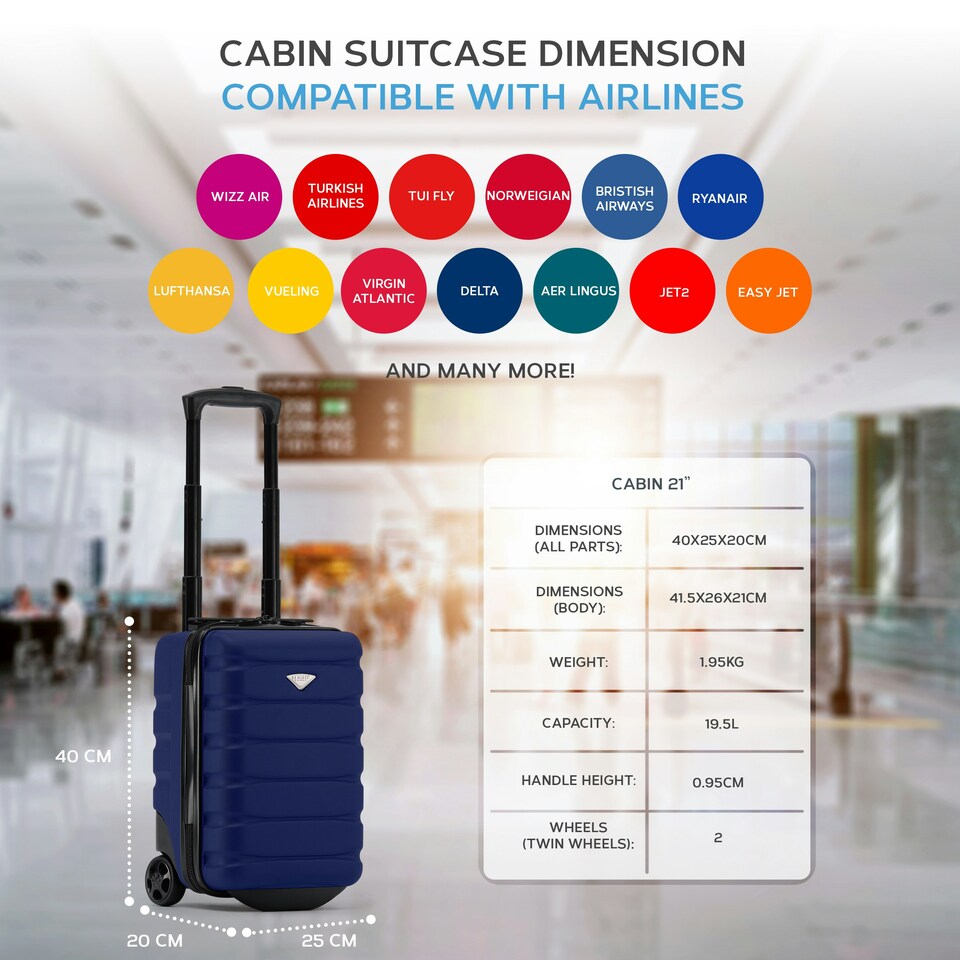 image 1 of Flight Knight Lightweight 2 Wheel ABS Hard Suitcase Cabin Hand Luggage 100+ Airlines Approved - British Airways, Ryanair & easyJet Free Carry On 40x20x25cm Blue | Navy | Cabin Bag