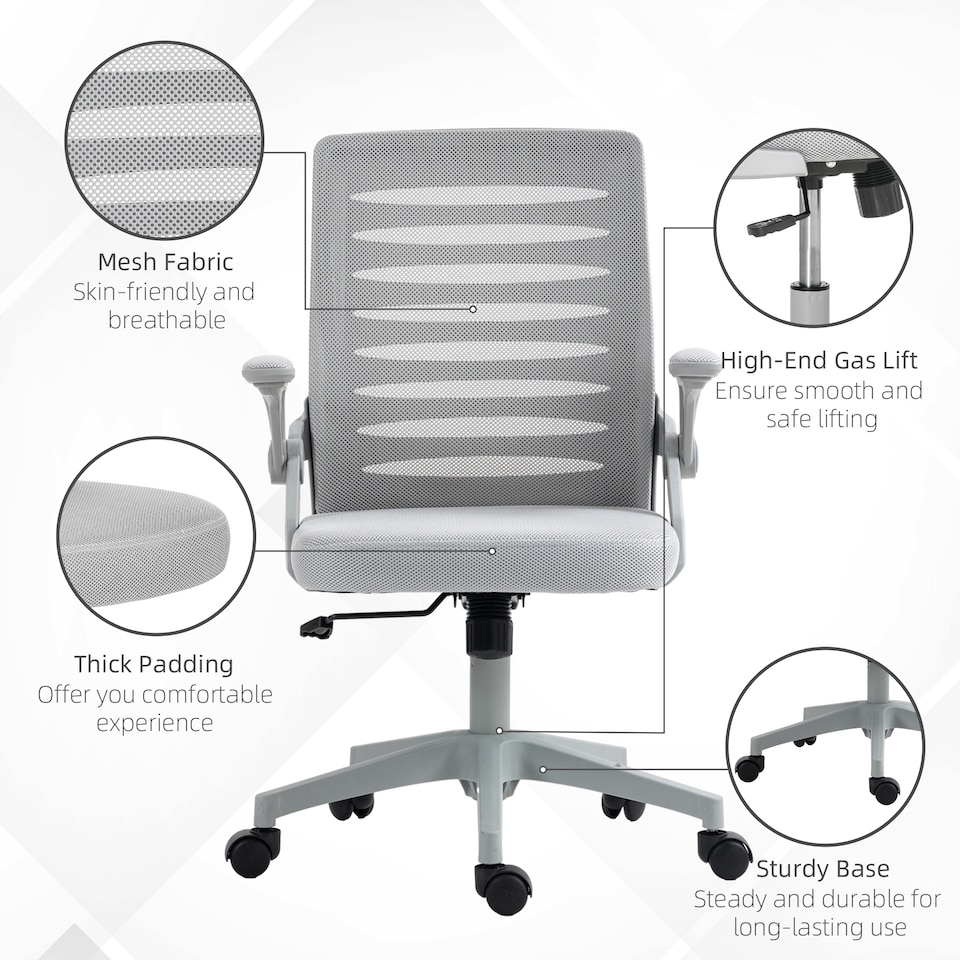 image 1 of Vinsetto Mesh Office Chair, Swivel Task Desk Chair with Lumbar Back Support, Flip-Up Arm, Adjustable Height for Home Office, Grey