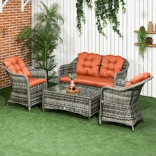 Outsunny 4 Pieces Outdoor PE Rattan Garden Furniture with Cushions, Patio Special Hand Weave Wicker Conservatory Sofa Set with Glass Top Coffee Table, Orange | Orange | Four Seater