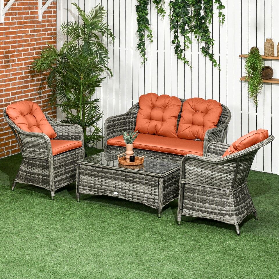 image 1 of Outsunny 4 Pieces Outdoor PE Rattan Garden Furniture with Cushions, Patio Special Hand Weave Wicker Conservatory Sofa Set with Glass Top Coffee Table, Orange | Orange | Four Seater