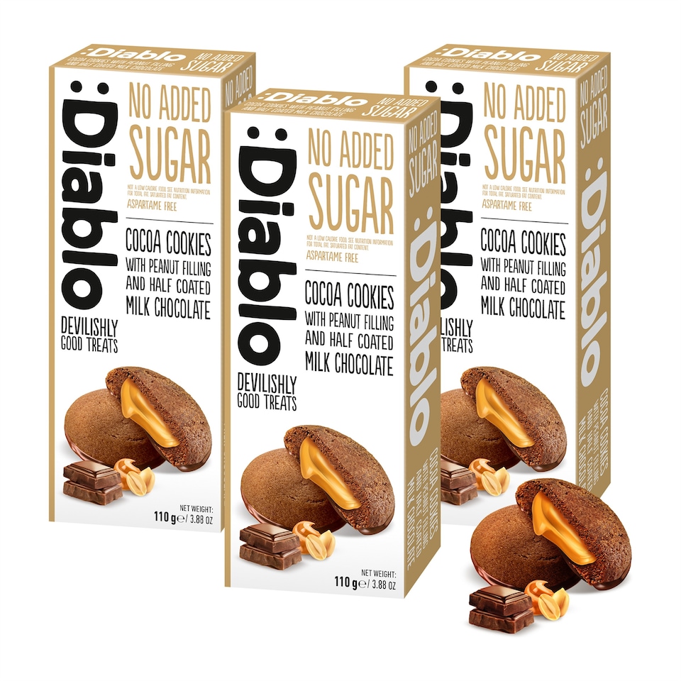 image 1 of Diablo No Added Sugar Chocolate and Peanut Cocoa Cookies 110g 3 Pack