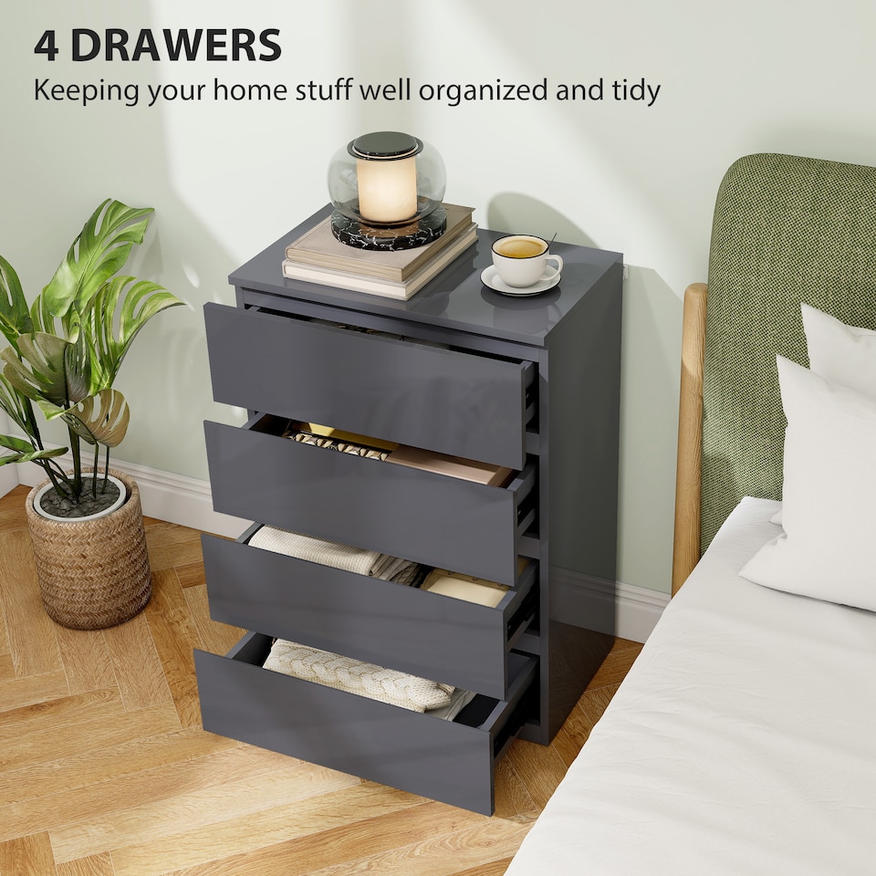 image 1 of HOMCOM Chest of Drawers, Modern 4 Drawer Dresser with Soft Closing Mechanism for Bedroom, High Gloss Grey