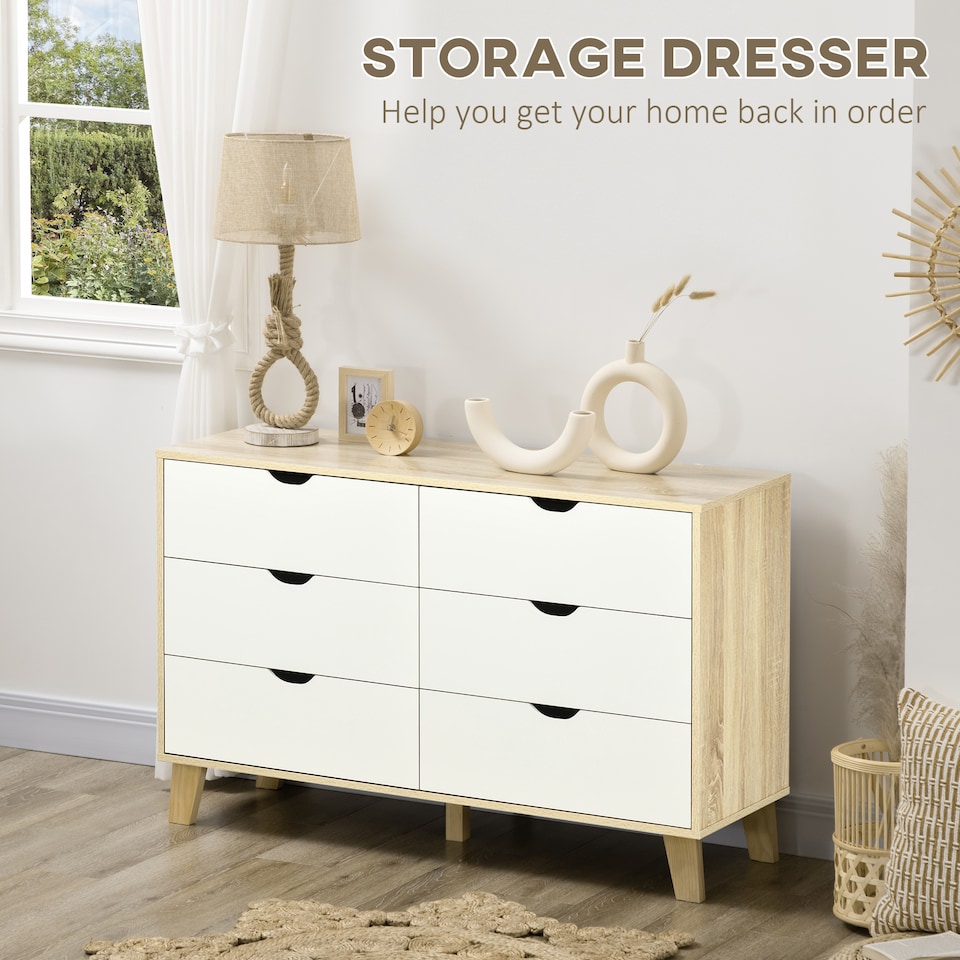 image 1 of HOMCOM Bedroom Chest of Drawers, Wide 6-Drawer Dresser, Storage Drawer Unit with Wood Legs for Living Room, White and Light Brown