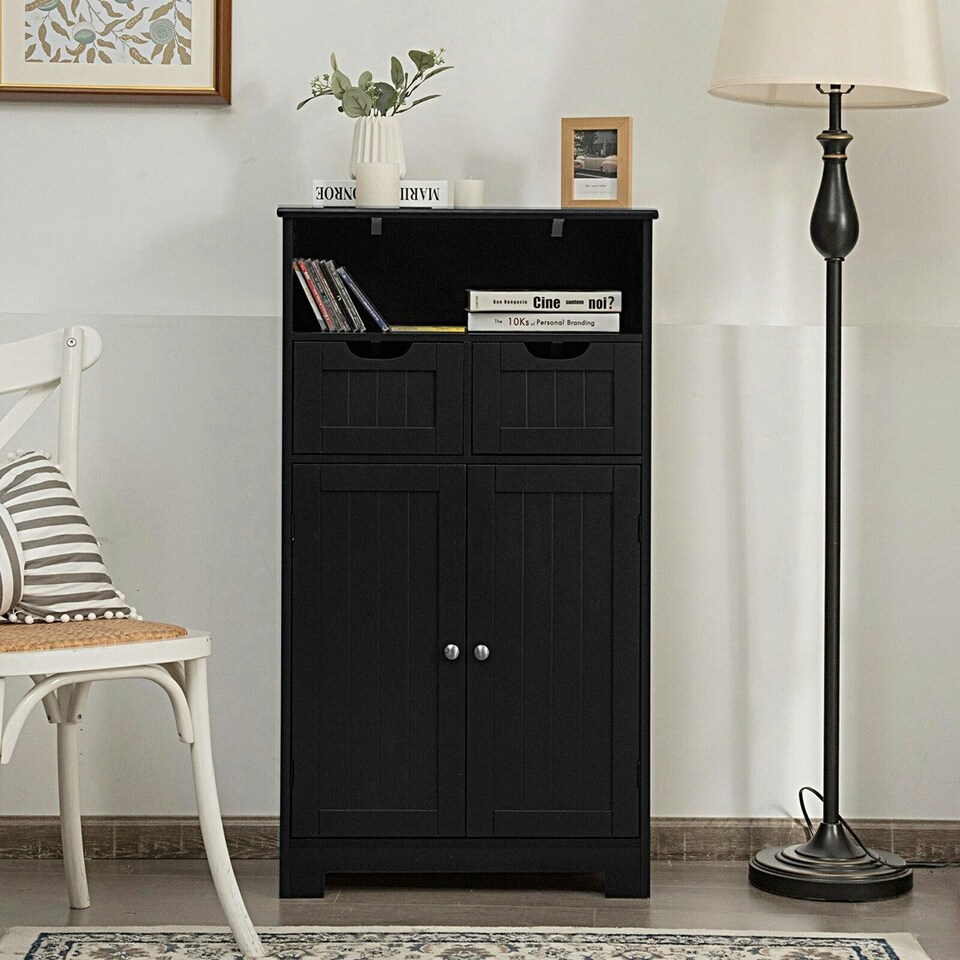 image 1 of COSTWAY Bathroom Cabinet Wooden Storage Cupboard Black Black