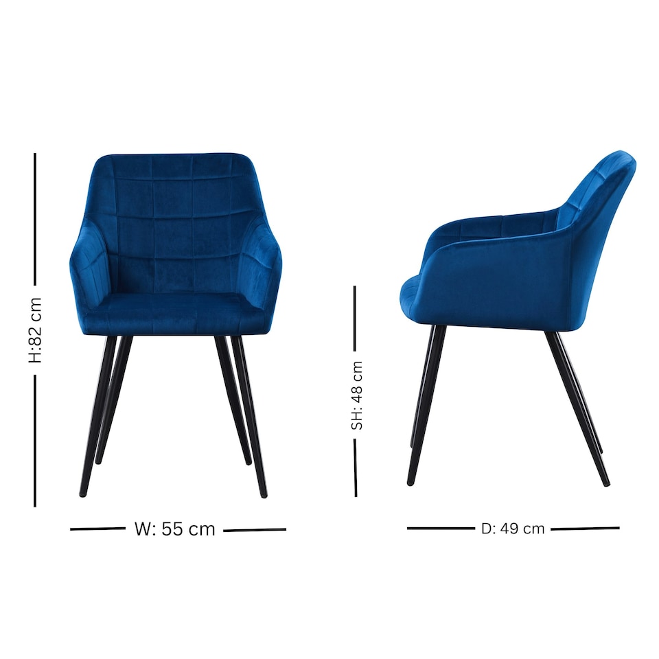 image 1 of Set of 4 Camden Modern Velvet Dining Chairs with Armrests, Quilted Design & Black Metal Legs | Blue