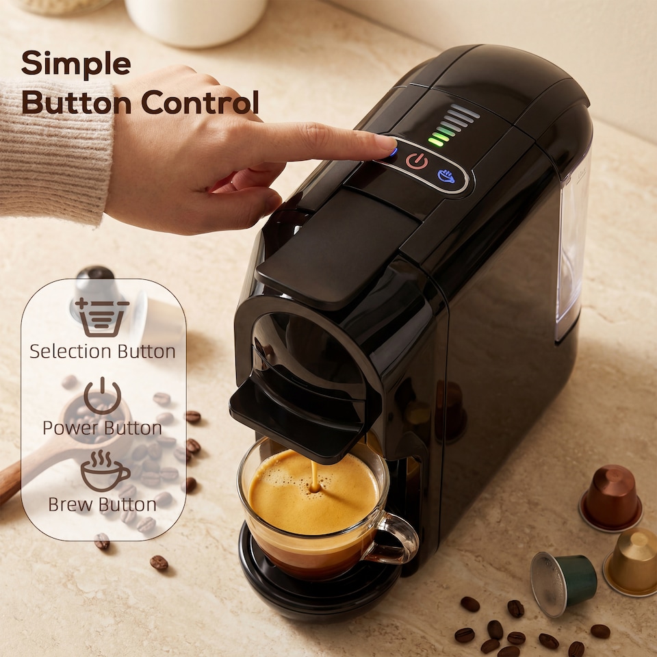 image 1 of HOMCOM Pod Coffee Machine for Nespresso and Dolce Gusto Capsule, 19 Bar | Black | Black | 11.5W x 27.3D x 26.2H cm