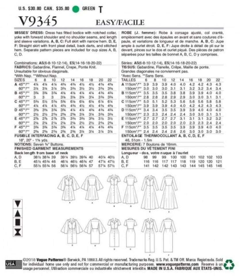 image 1 of Vogue 9345 Paper Sewing Pattern – Women’s Dress, Size A5 (6–8–10–12–14), Easy