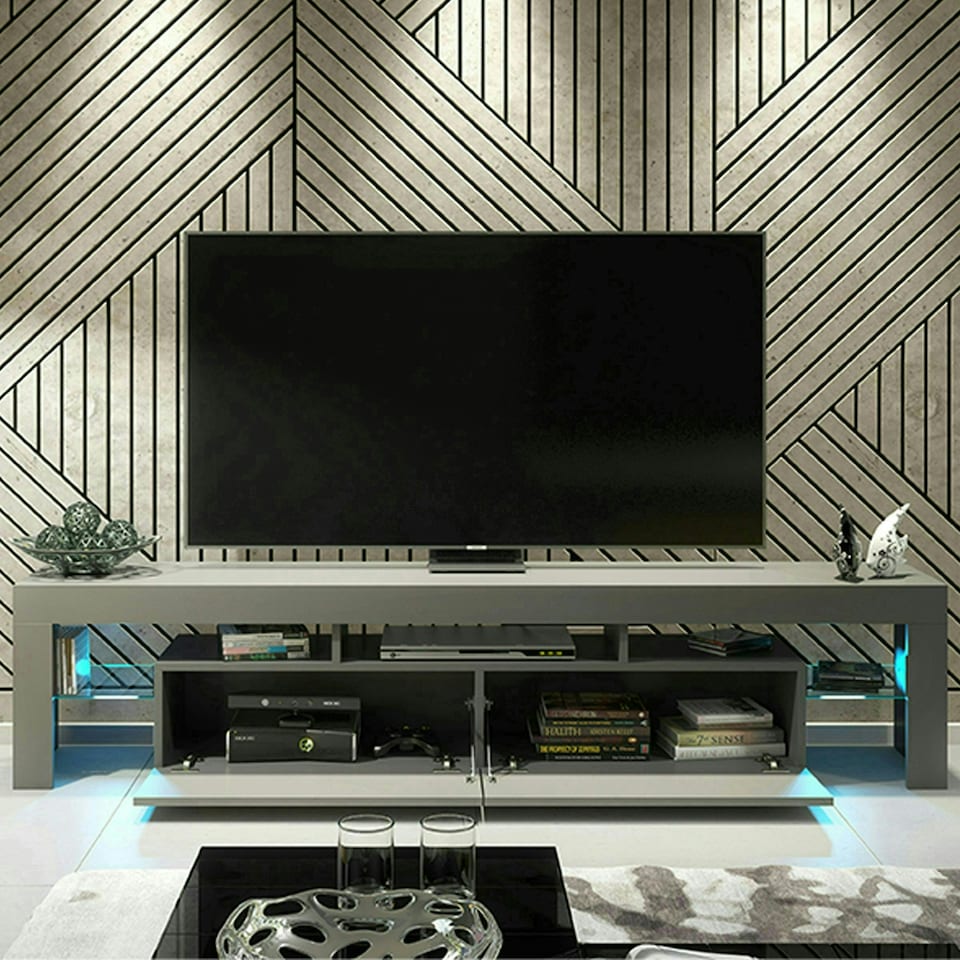 image 1 of TV Unit 200cm Grey Gloss Doors Grey Matt Frame Modern Media Cabinet Grey