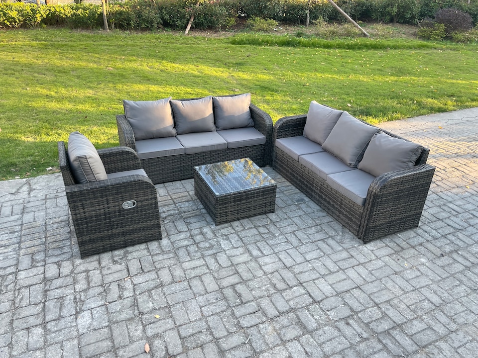 image 1 of Fimous Outdoor Rattan Garden Furniture Set Conservatory Patio Sofa Coffee Table With Reclining Chair Dark Grey Mixed