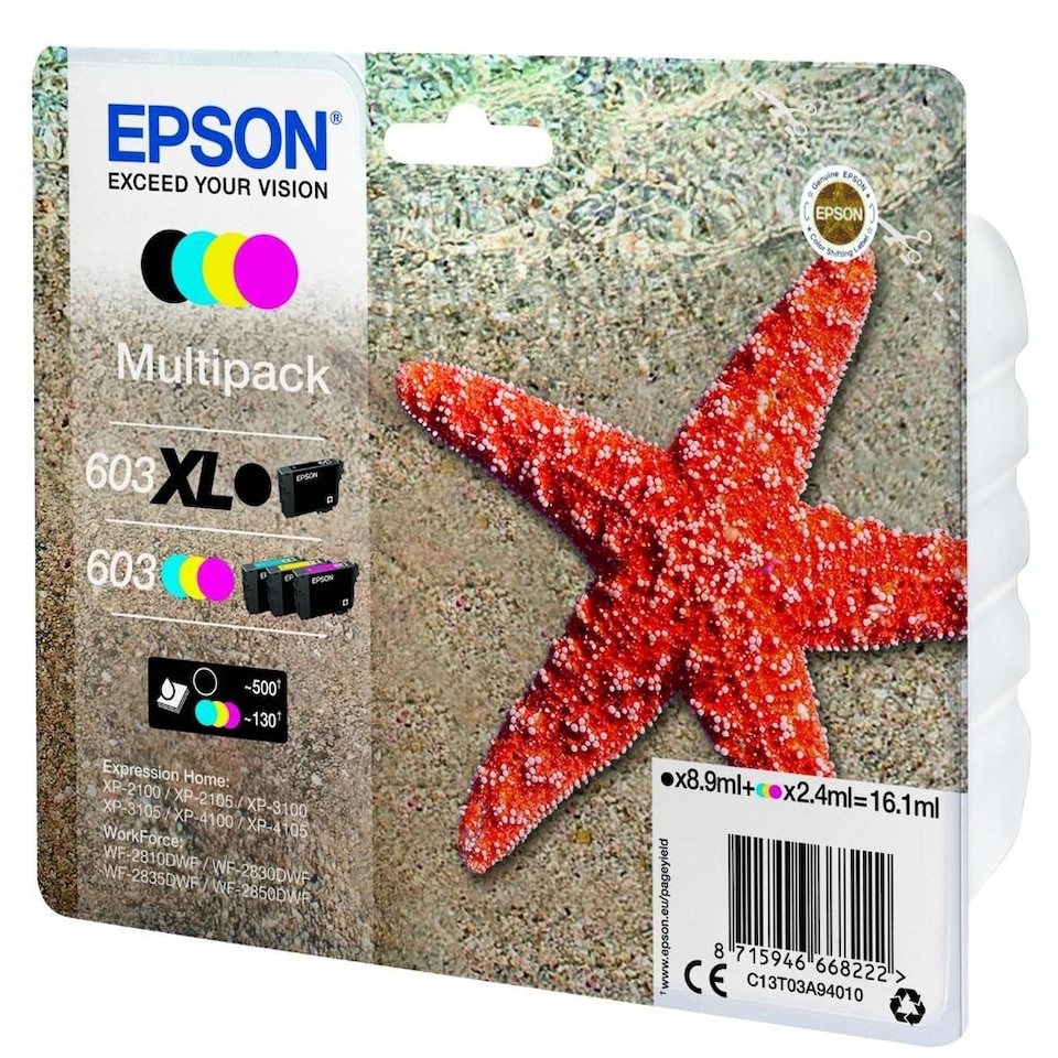 Epson 603 Starfish Black Extra High Yield Cyan Magenta Yellow Standard Yield Ink Cartridge 8.9ml 3 x 2.4ml Pack 4 - C13T03A94010 N/A