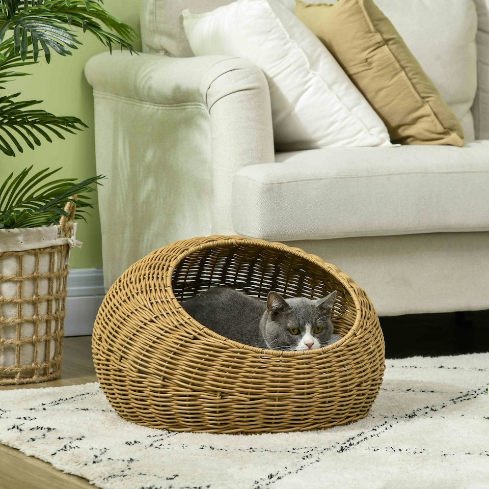 image 1 of PawHut Wicker Cat House with Washable Cushion for Indoor Cats, Light Brown