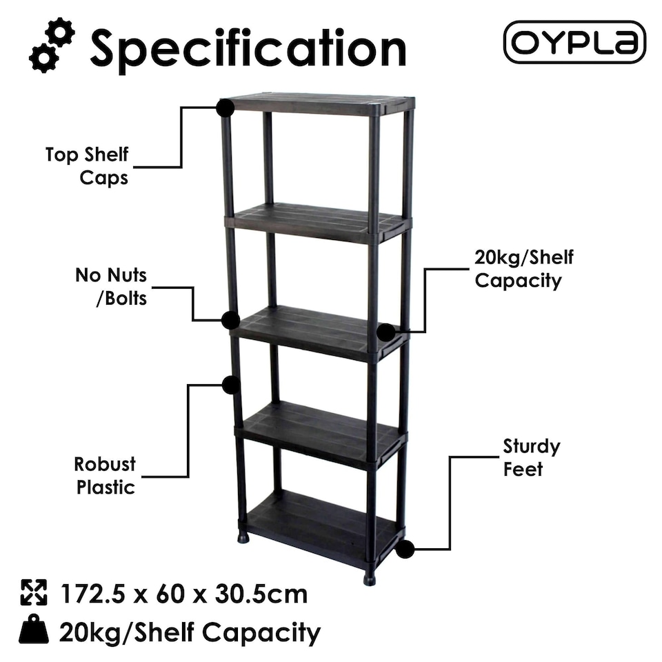 image 1 of 5 Tier Black Plastic Heavy Duty Shelving Racking Storage Unit