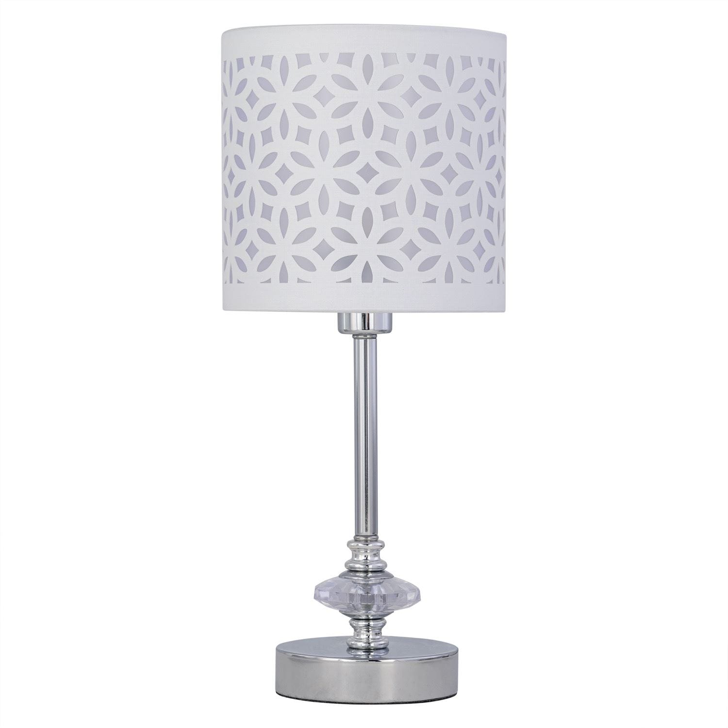 First Choice Lighting Chrome Jewelled Table Lamp with White Cut Out Shade in Silver