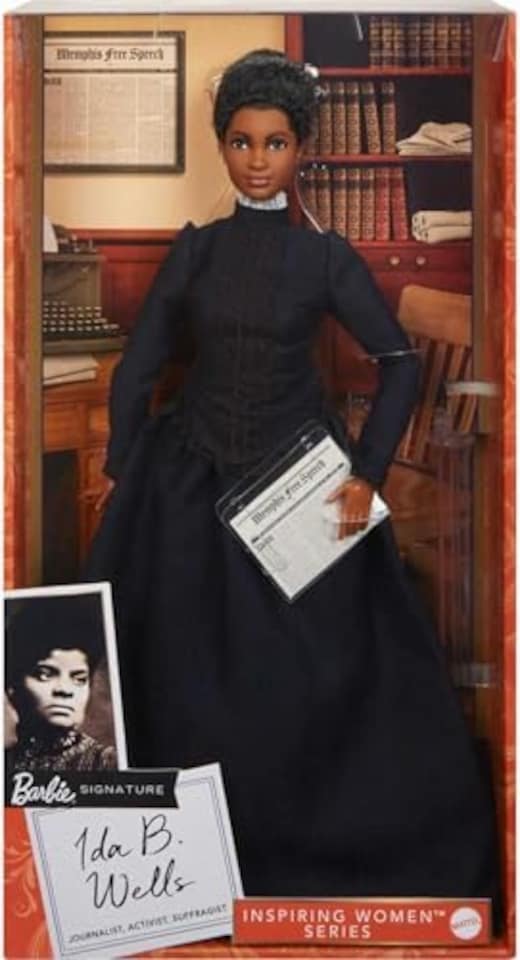 image 1 of Barbie Inspiring Women Doll, Ida B. Wells Collectible with Blue Dress Newspaper