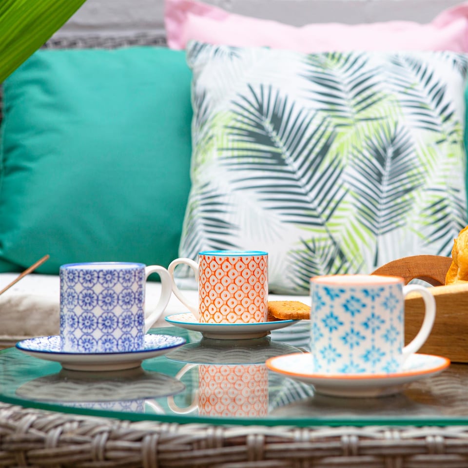 image 1 of Nicola Spring 12 Piece Hand-Printed Espresso Cup & Saucer Set - 65ml - 3 Colours | Multi | Multi | 12